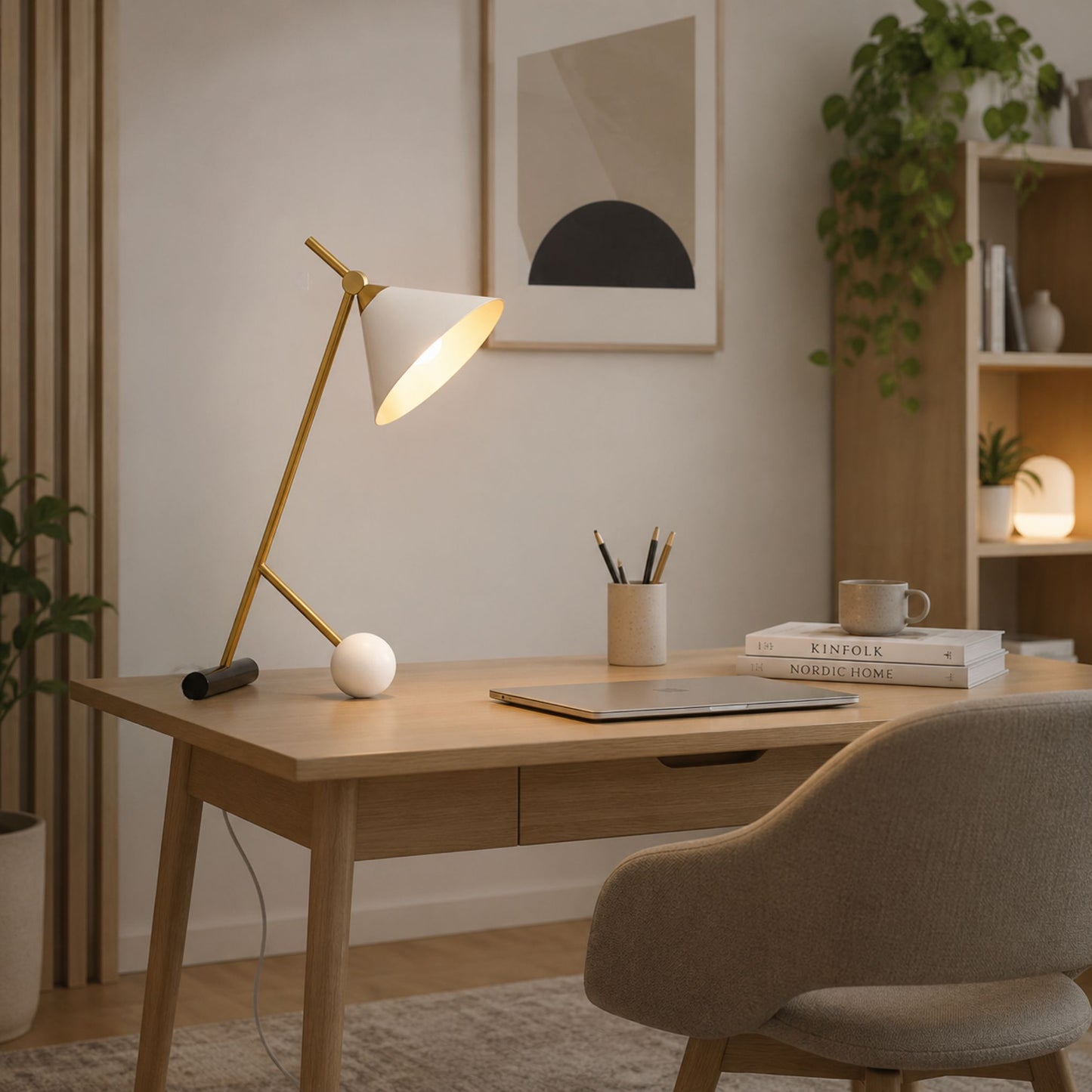 Lampe a bureau blanche avec cadre equilibre art deco
