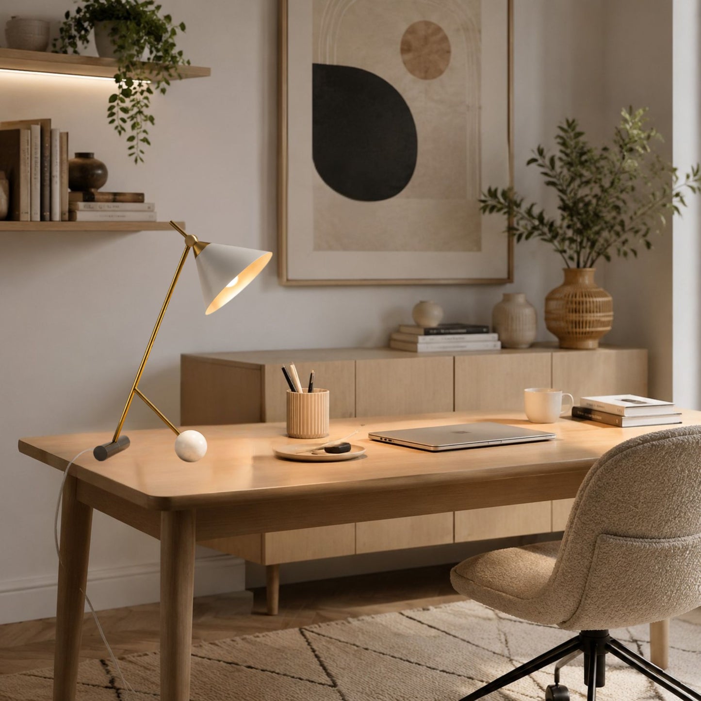 Lampe a bureau blanche sur bureau equilibre art deco