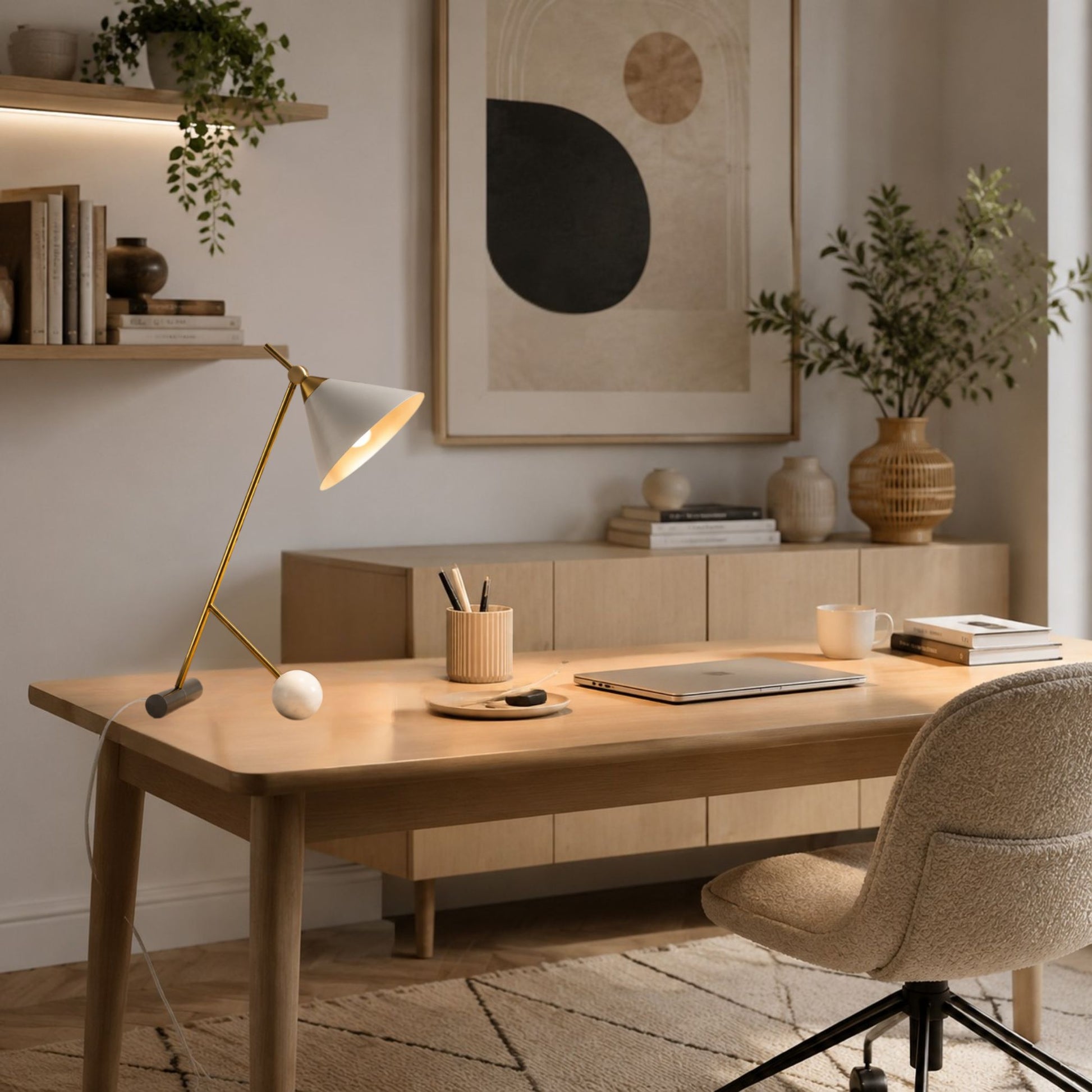 Lampe a bureau blanche sur bureau equilibre art deco