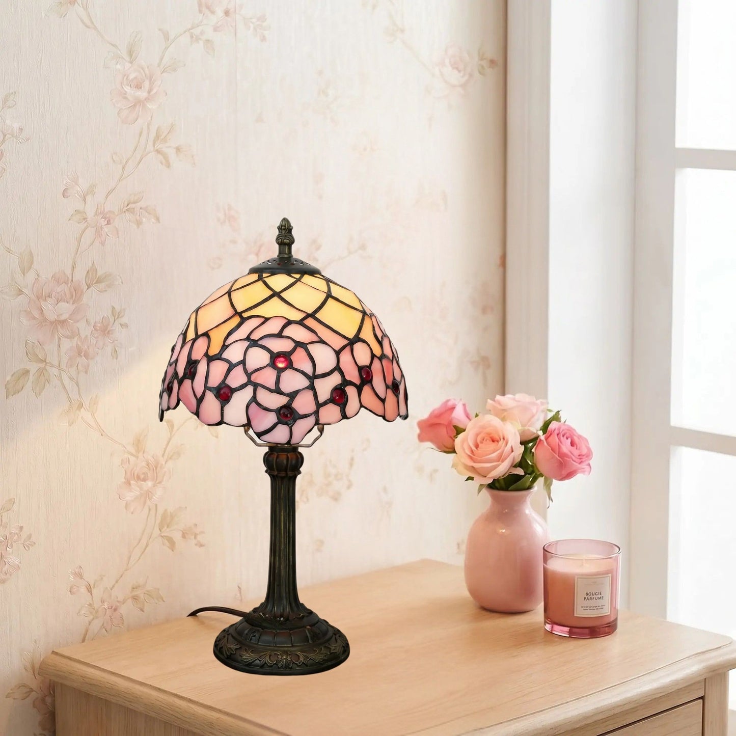 lampe a poser bureau avec fleur tiffany rose cerisier
