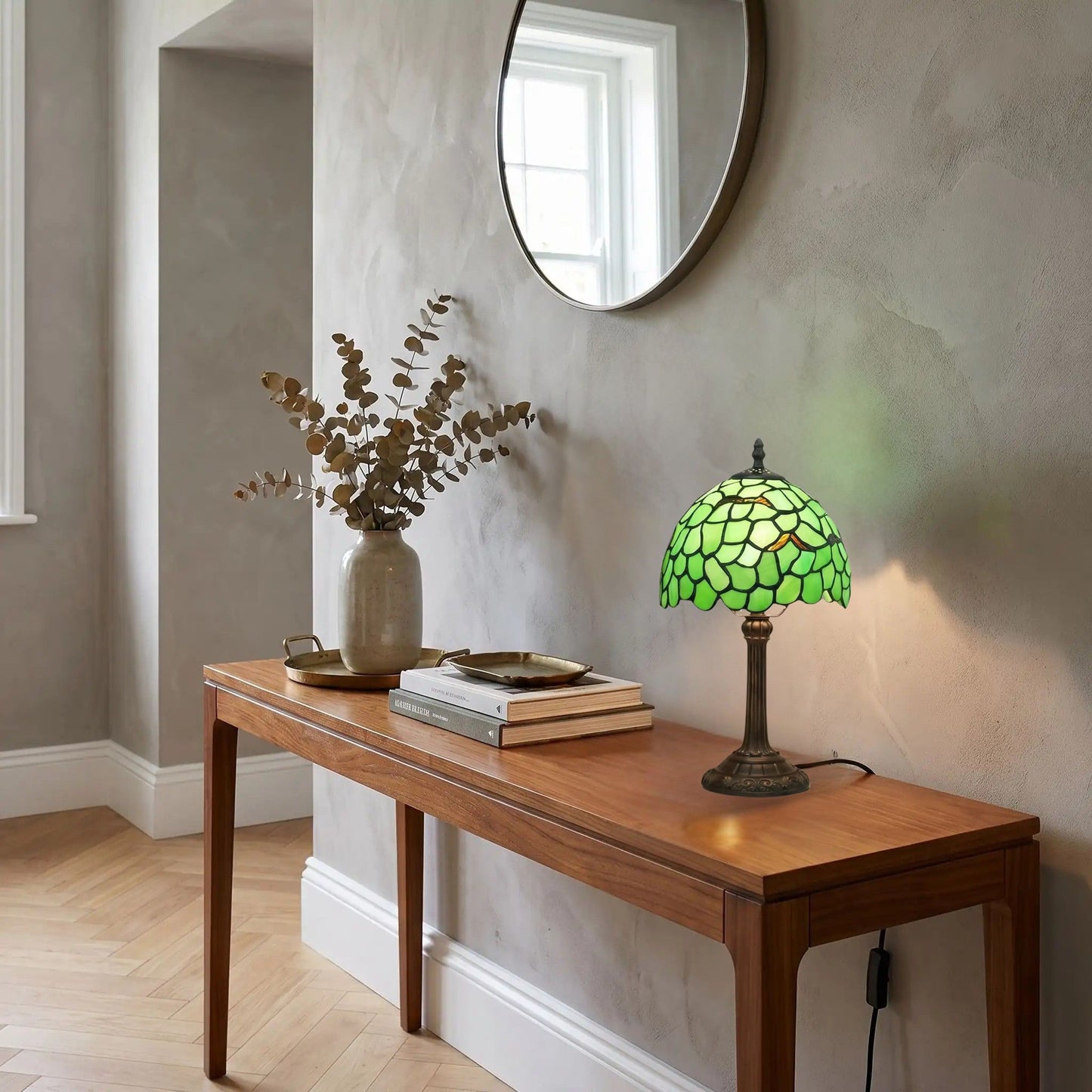 lampe a poser console avec miroir tiffany vert motif feuilles