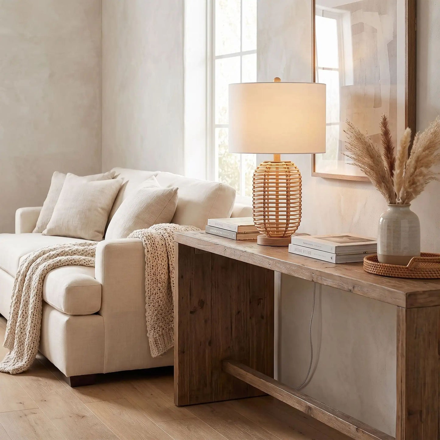 lampe à poser console sejour boheme chic rotin naturel