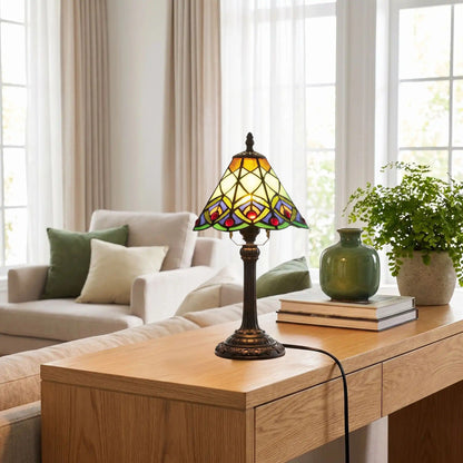 lampe a poser console sejour tiffany vert motif geometrique queue de paon