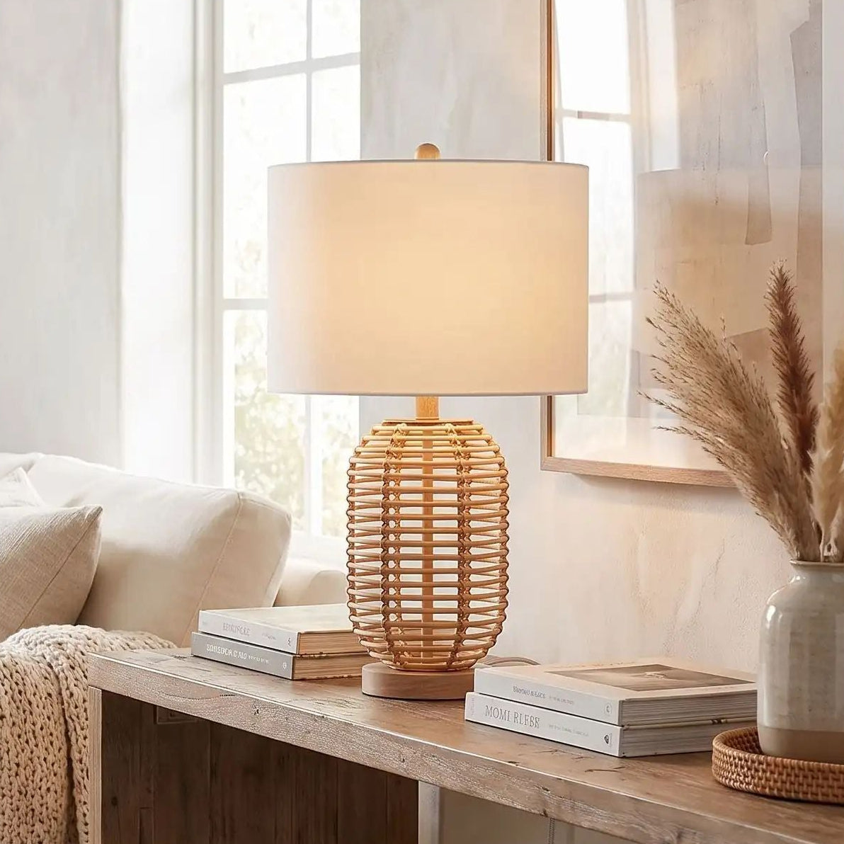 lampe à poser console sejour vu rapproche boheme chic rotin naturel