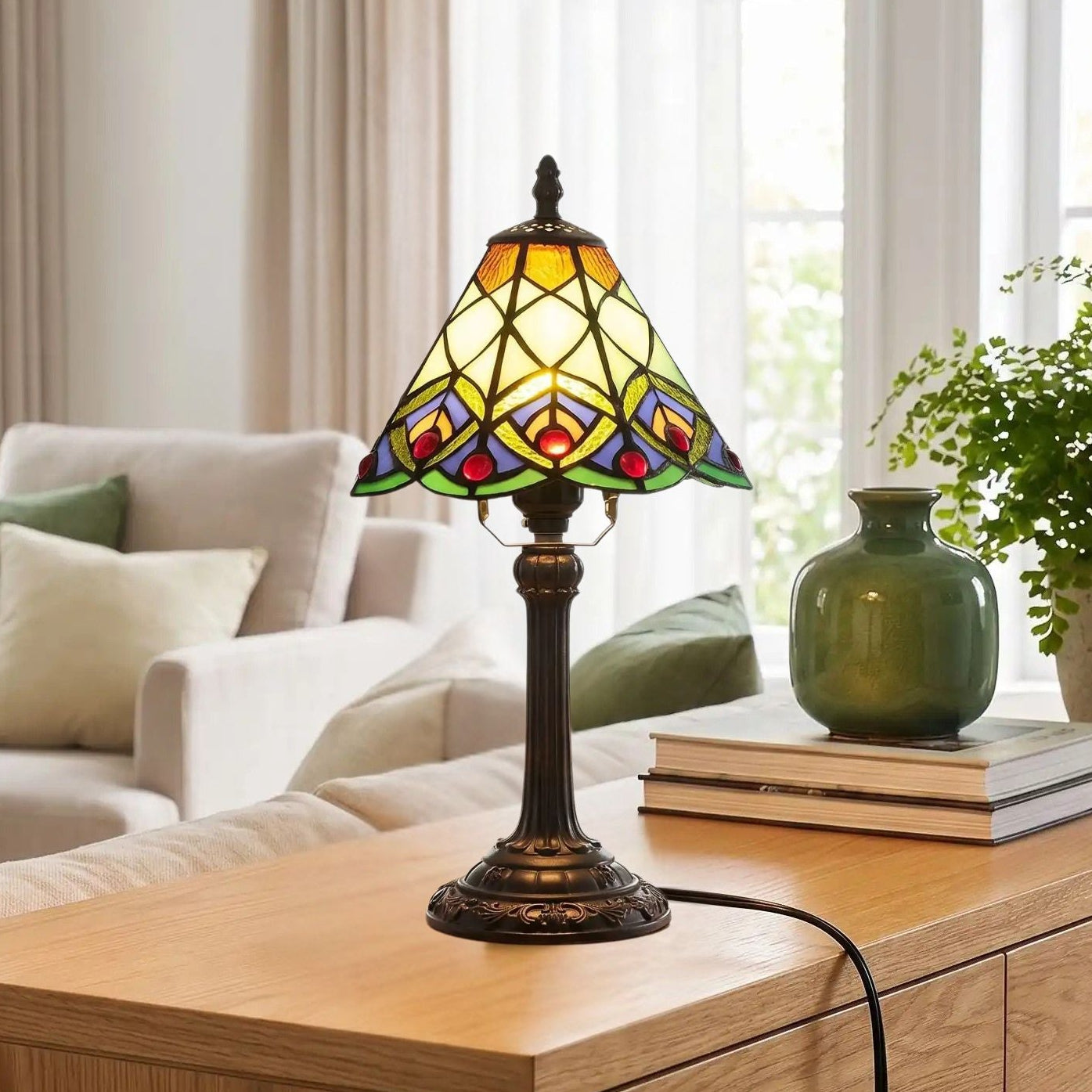lampe a poser console sejour vu rapproche tiffany vert motif geometrique queue de paon