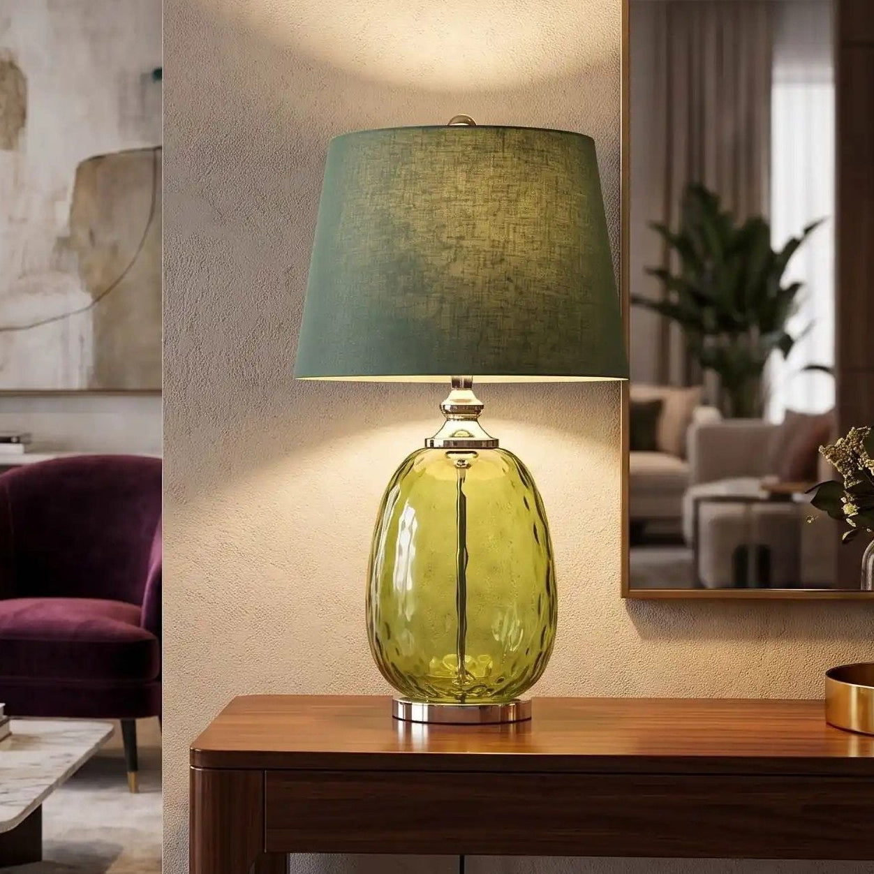 lampe à poser console sejour vu rapproche vert souffle olive