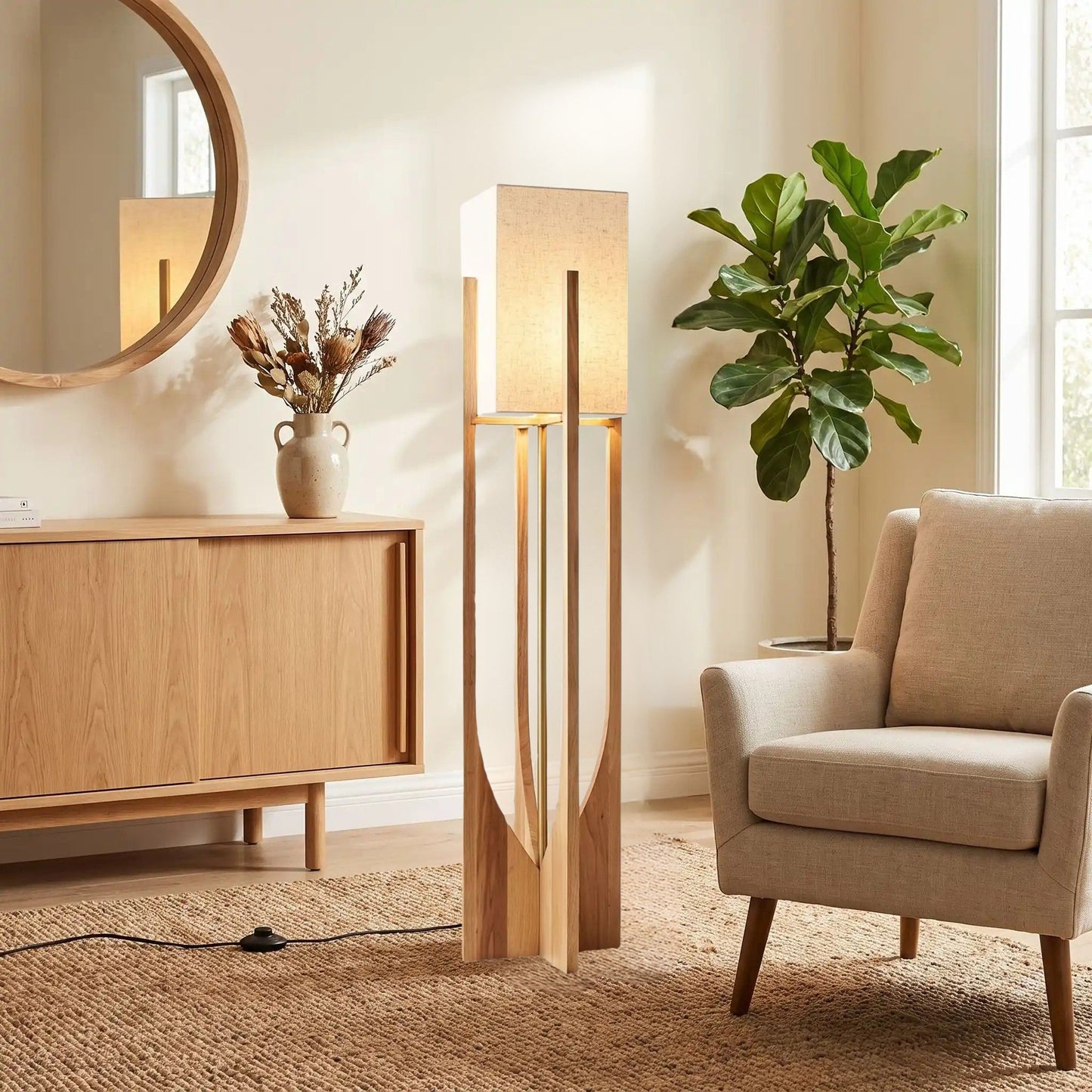 lampe à poser design naturel 145 cm sejour avec canape style wabi sabi japonais