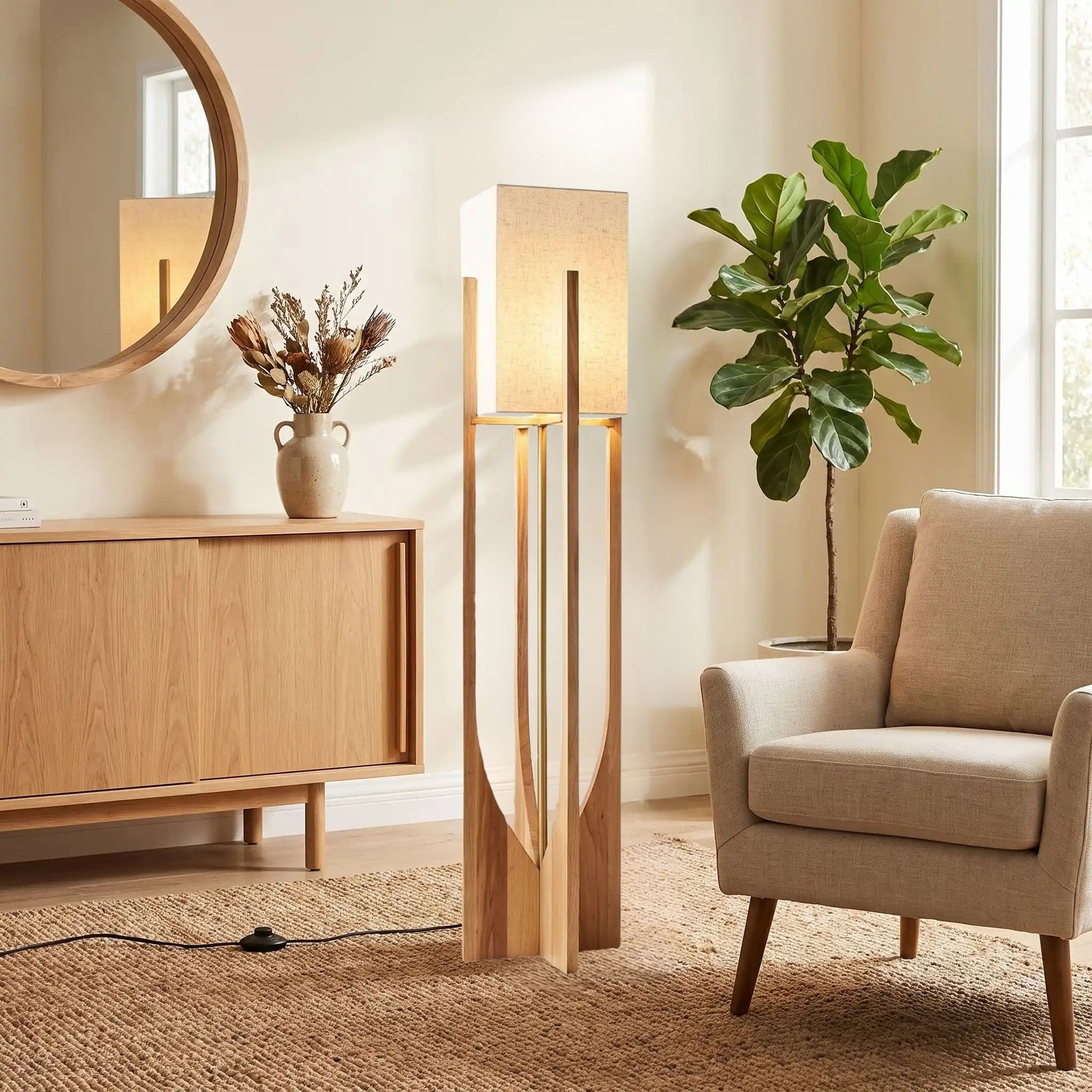 lampe à poser design naturel 145 cm sejour avec canape style wabi sabi japonais