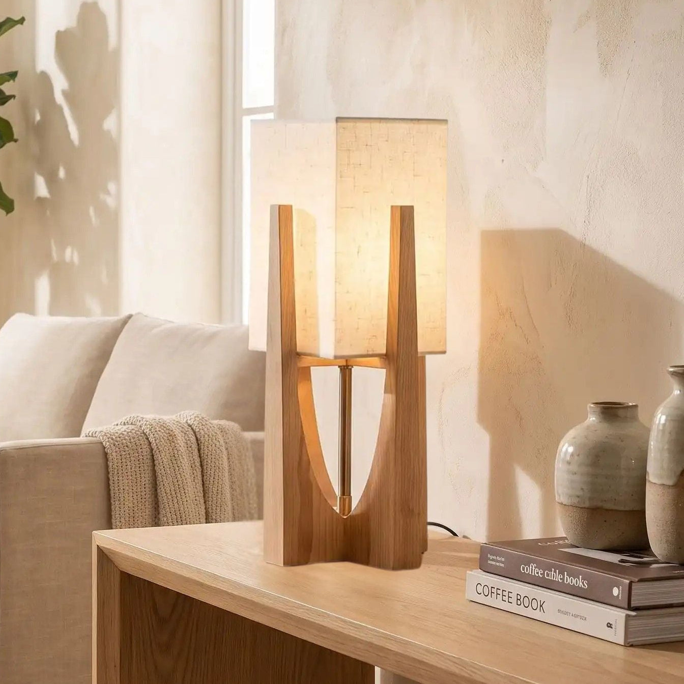 Lampe à poser design naturel 53 cm sejour vu rapproche style wabi sabi japonais