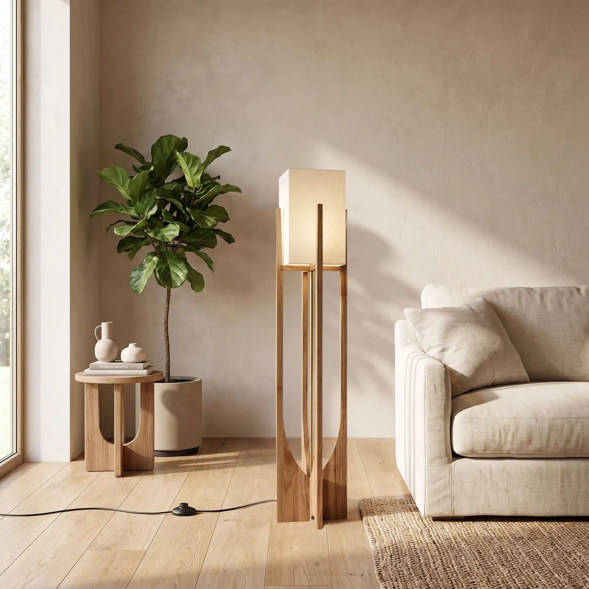 lampe à poser design noyer 145 cm sejour avec plante style wabi sabi japonais