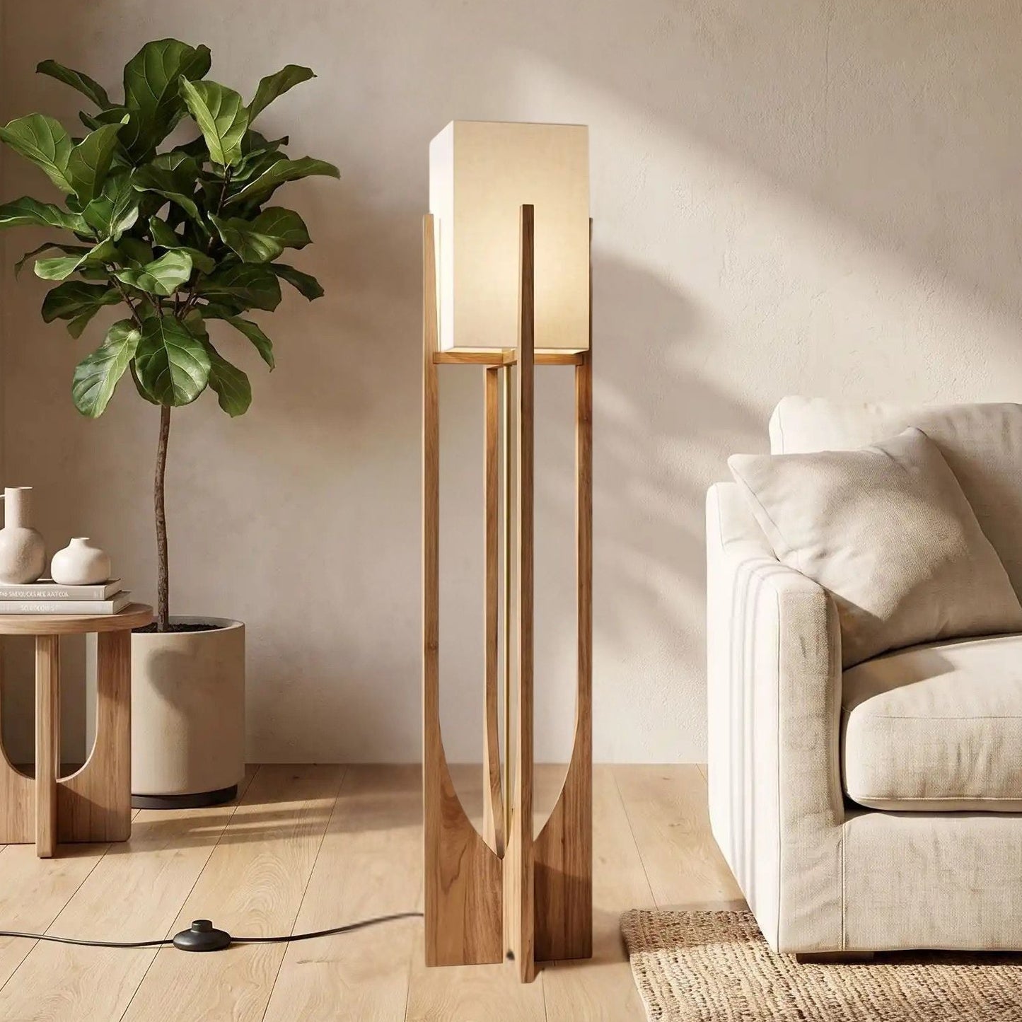 lampe a poser design noyer 145 cm sejour avec plante vu rapproche style wabi sabi japonais