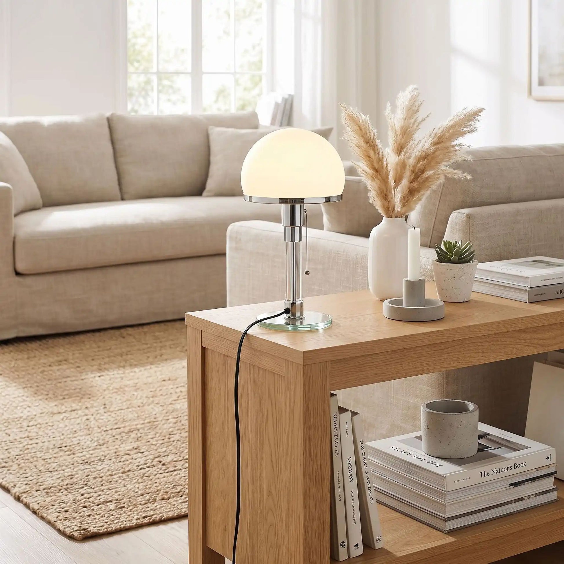 lampe à poser design sejour avec canape bauhaus nordique verre depoli