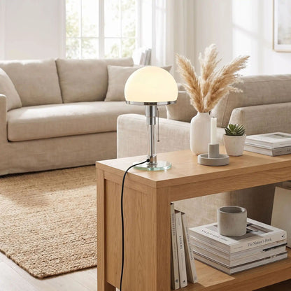 lampe à poser design sejour avec canape bauhaus nordique verre depoli