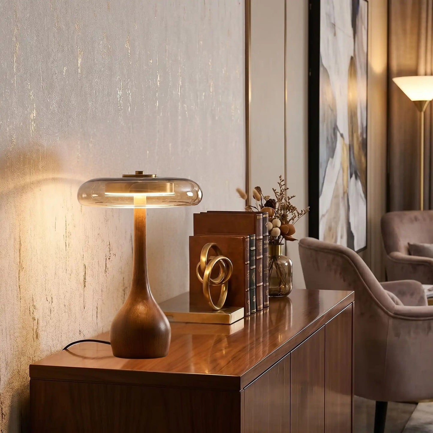 lampe a poser grande console sejour retro bois ambre