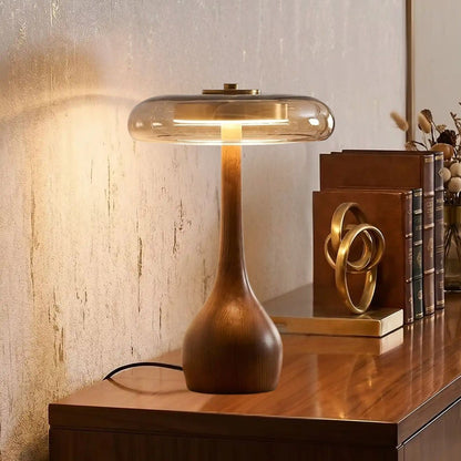 lampe a poser grande console sejour vu rapproche retro bois ambre