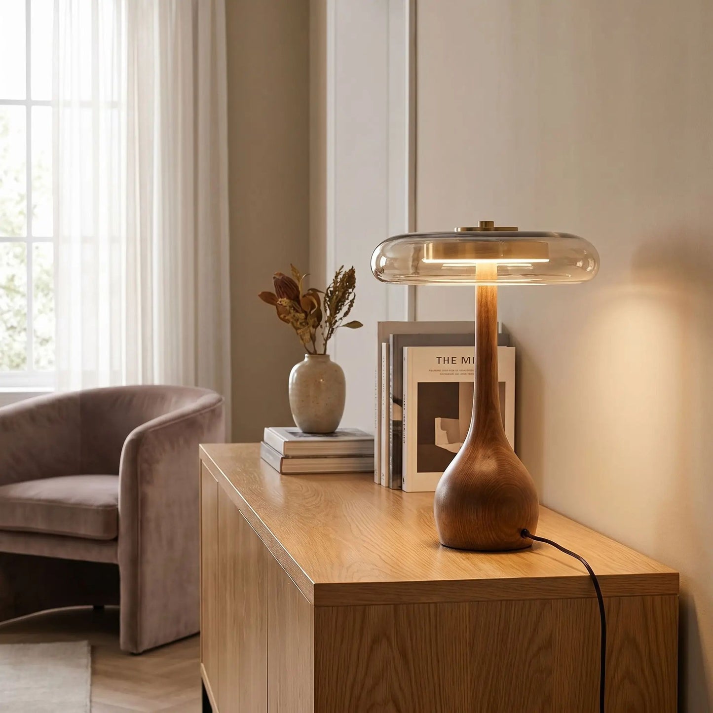 lampe a poser grande sejour avec fauteuil retro bois ambre