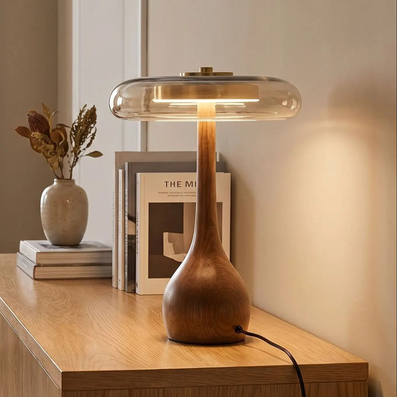 lampe a poser grande sejour avec fauteuil vu rapproche retro bois ambre
