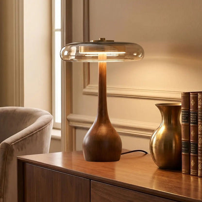 lampe a poser grande vu rapproche retro bois ambre