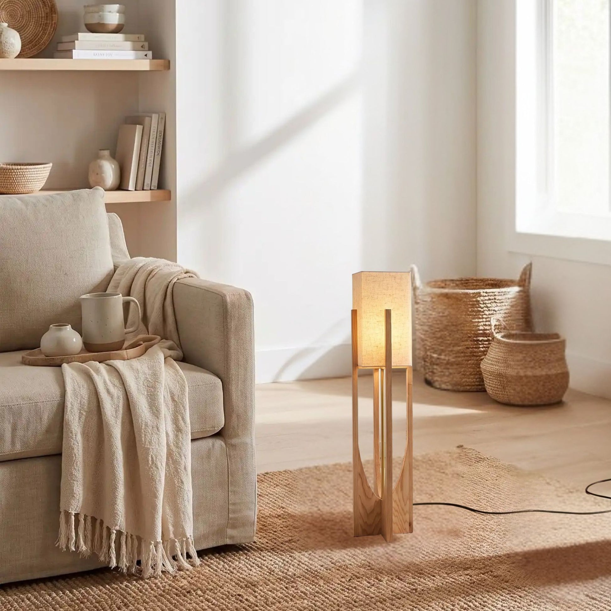 lampe à poser naturel 82 cm sejour avec couverture style wabi sabi japonais