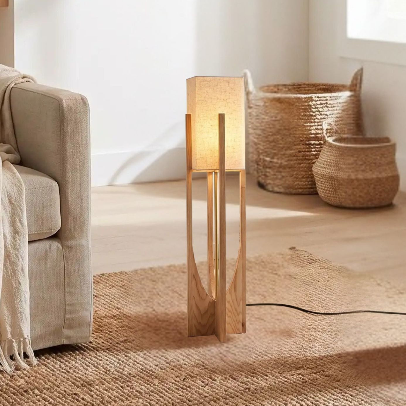 lampe à poser naturel 82 cm sejour avec couverture vu rapproche style wabi sabi japonais