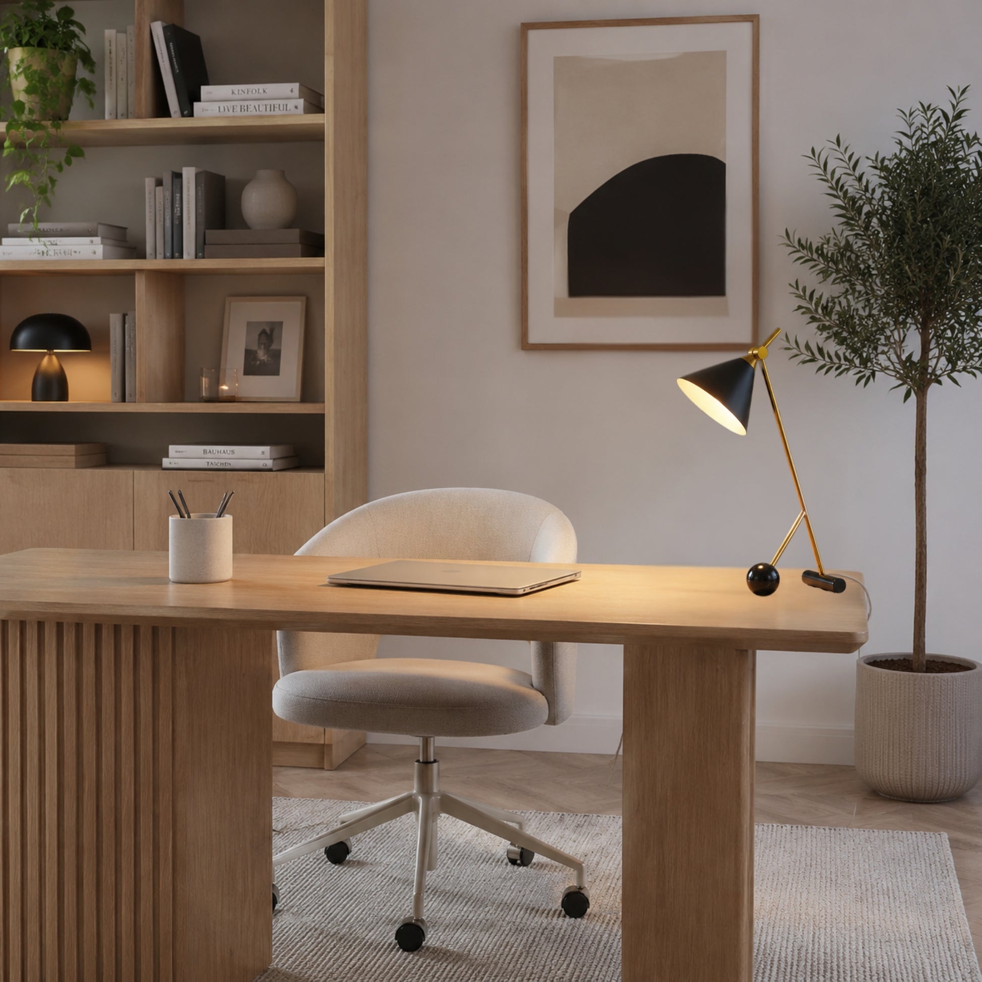 Lampe a bureau noir avec arbre equilibre art deco