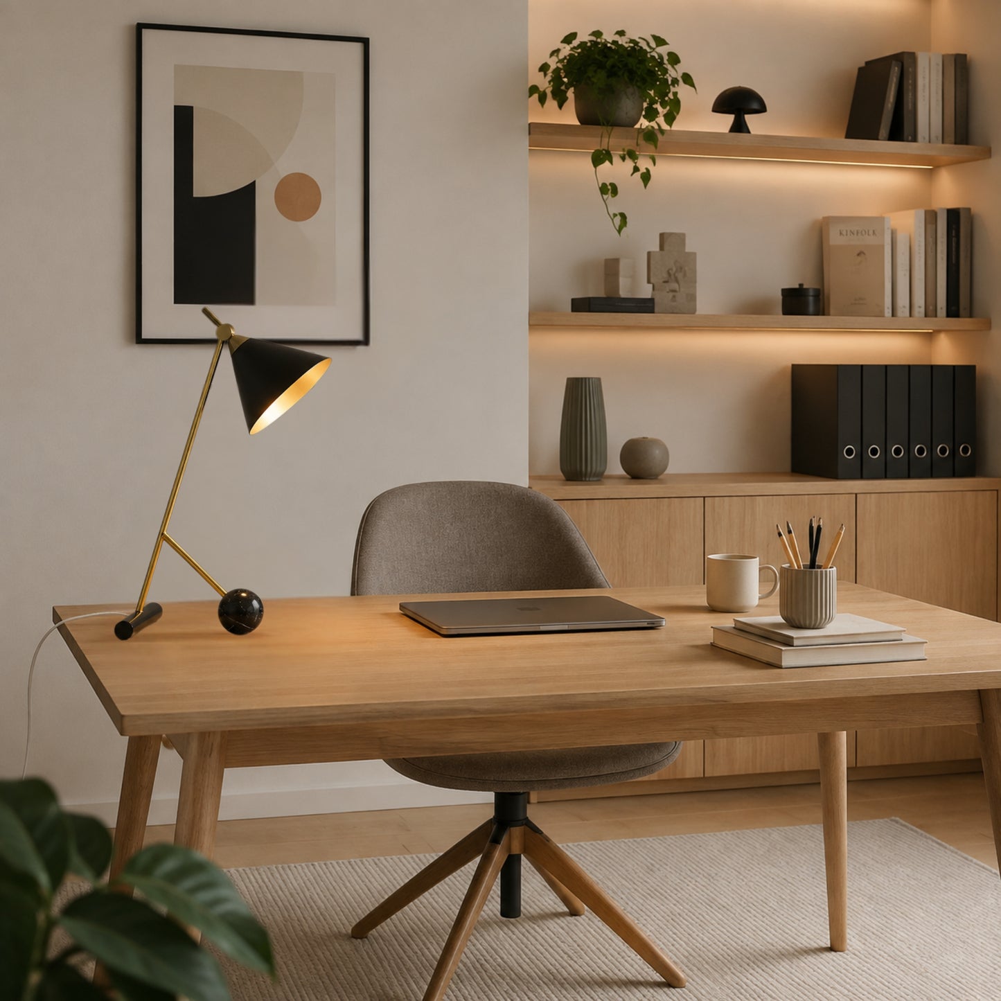 Lampe a bureau noir avec plante equilibre art deco