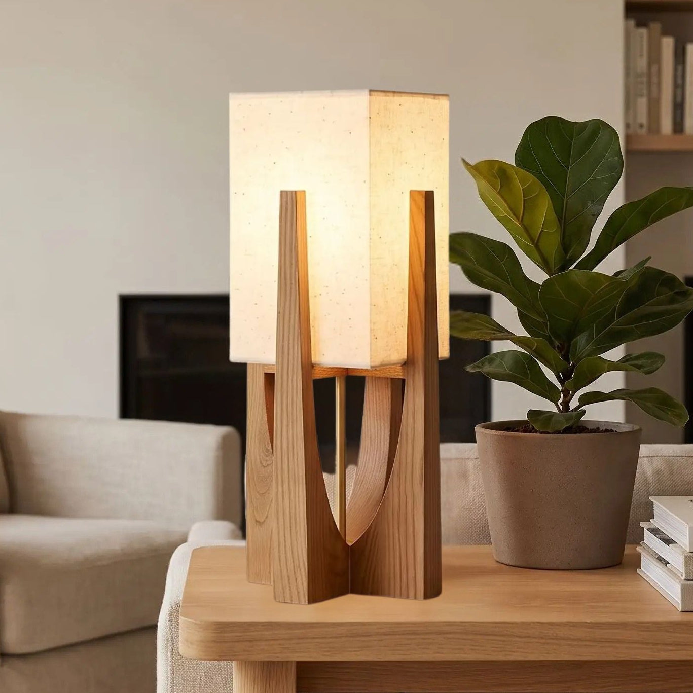 lampe à poser noyer 52 cm console sejour vu rapproche style wabi sabi japonais