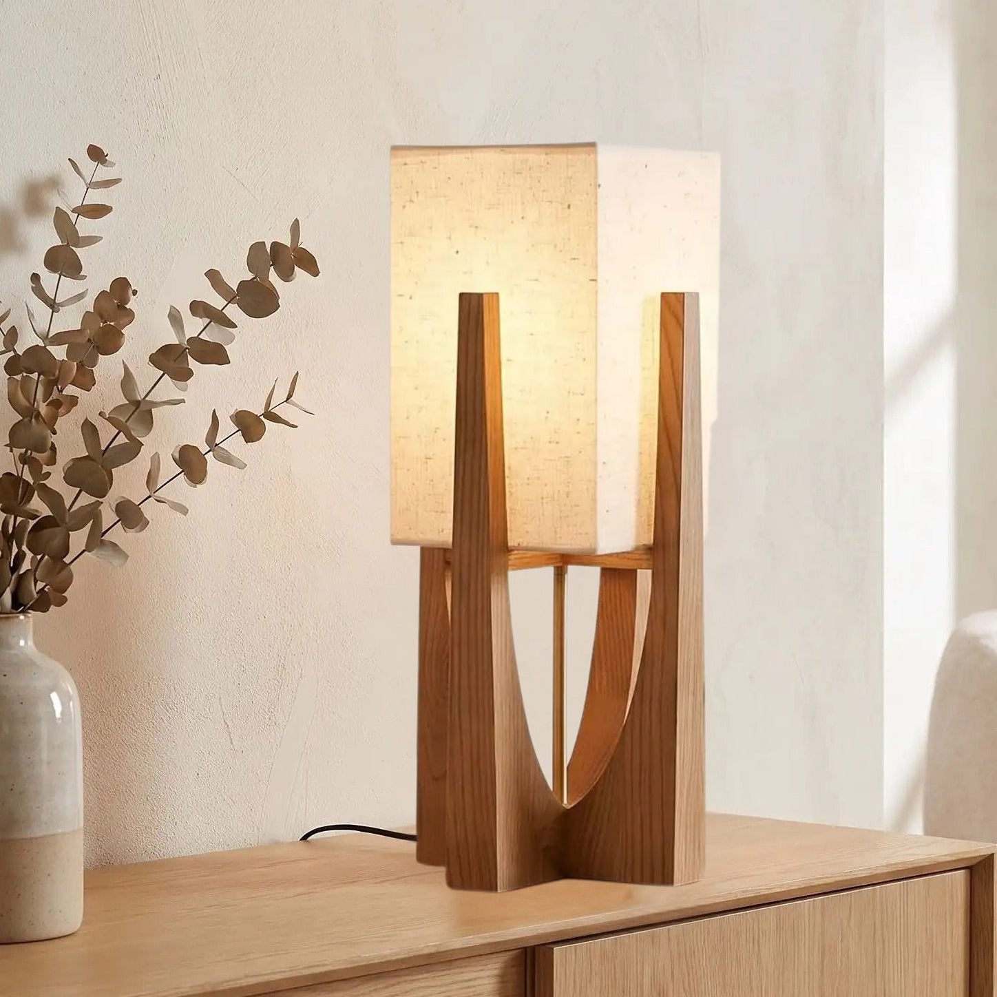 lampe à poser noyer 52 cm vu rapproche style wabi sabi japonais