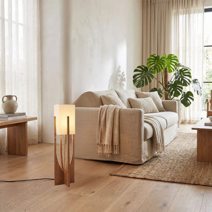 lampe à poser noyer 82 cm canape avec plante style wabi sabi japonais