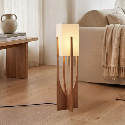 lampe à poser noyer 82 cm canape avec plante vu rapproche style wabi sabi japonais