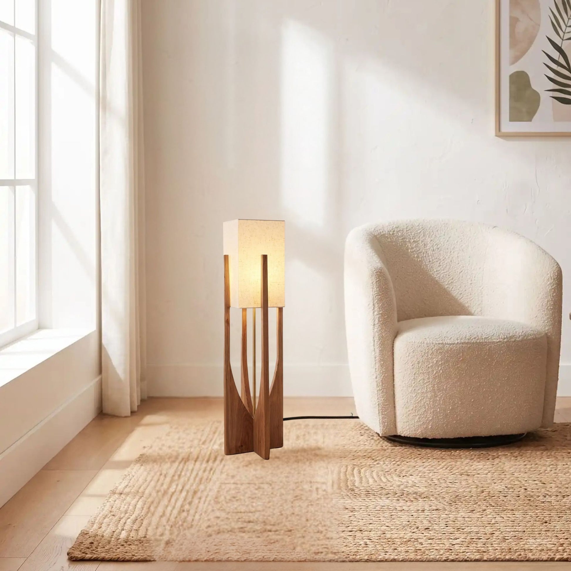 lampe à poser noyer 82 cm sejour avec tapis et fauteuil style wabi sabi japonais