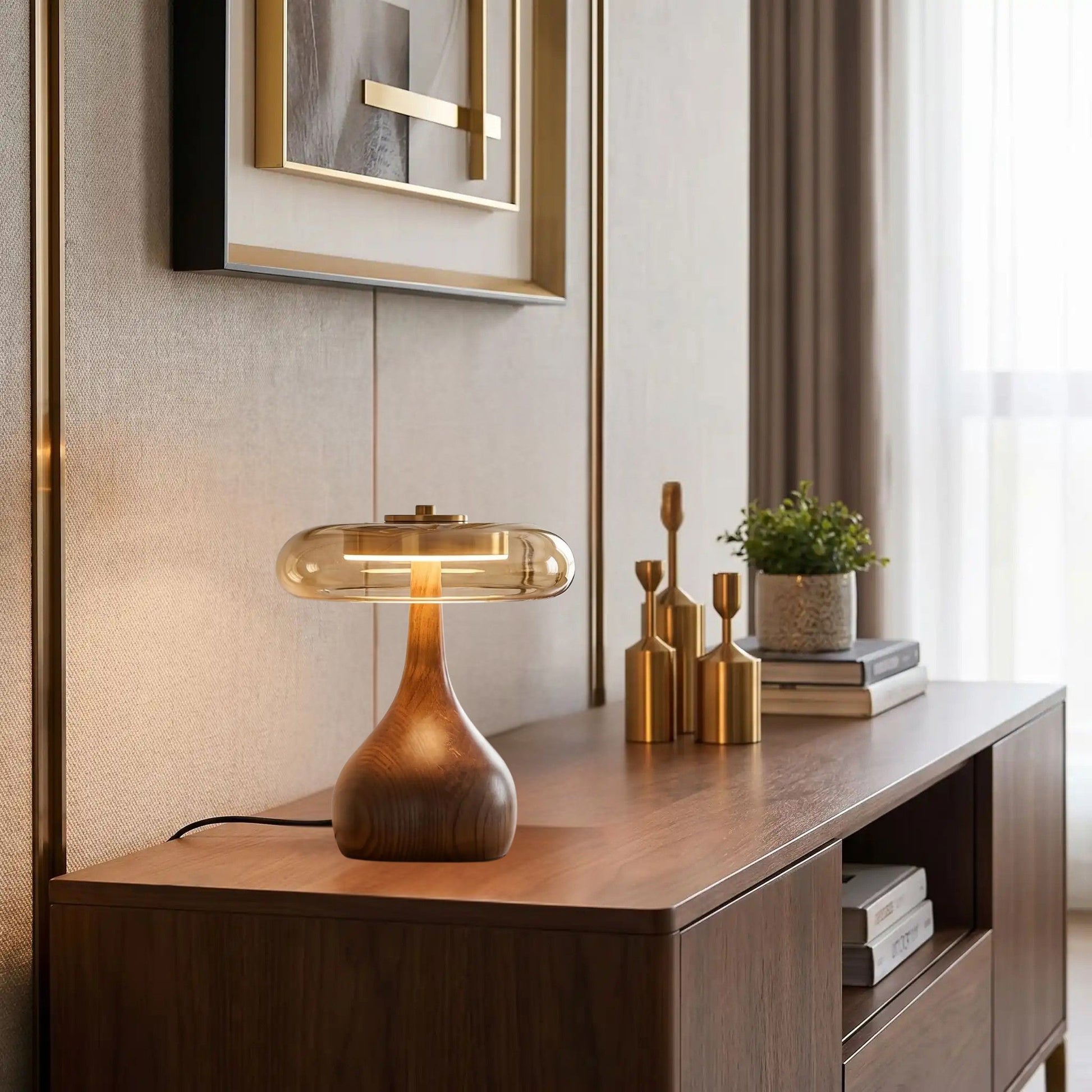 lampe a poser petite console sejour retro bois ambre