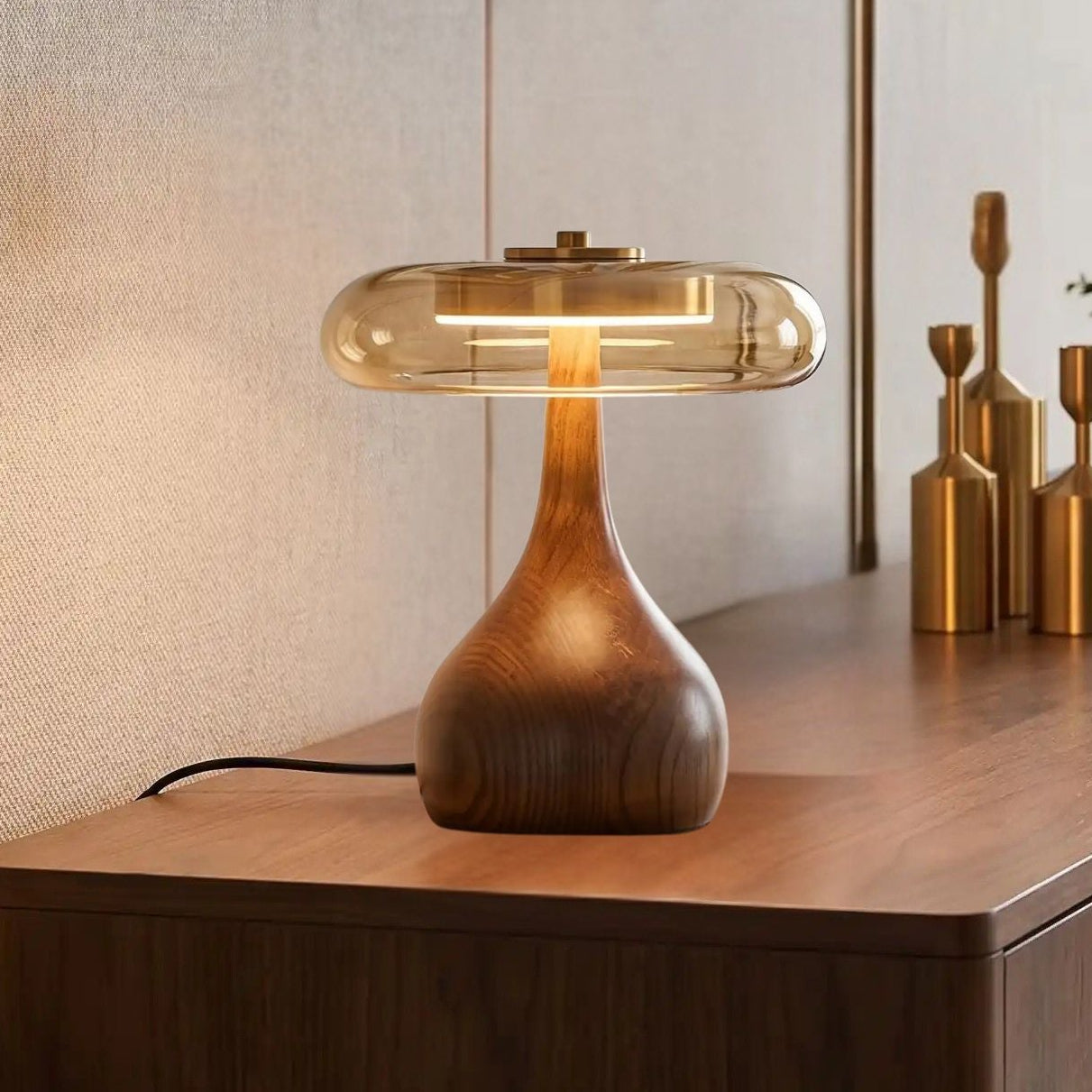 lampe a poser petite console sejour vu rapproche retro bois ambre