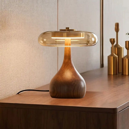 lampe a poser petite console sejour vu rapproche retro bois ambre