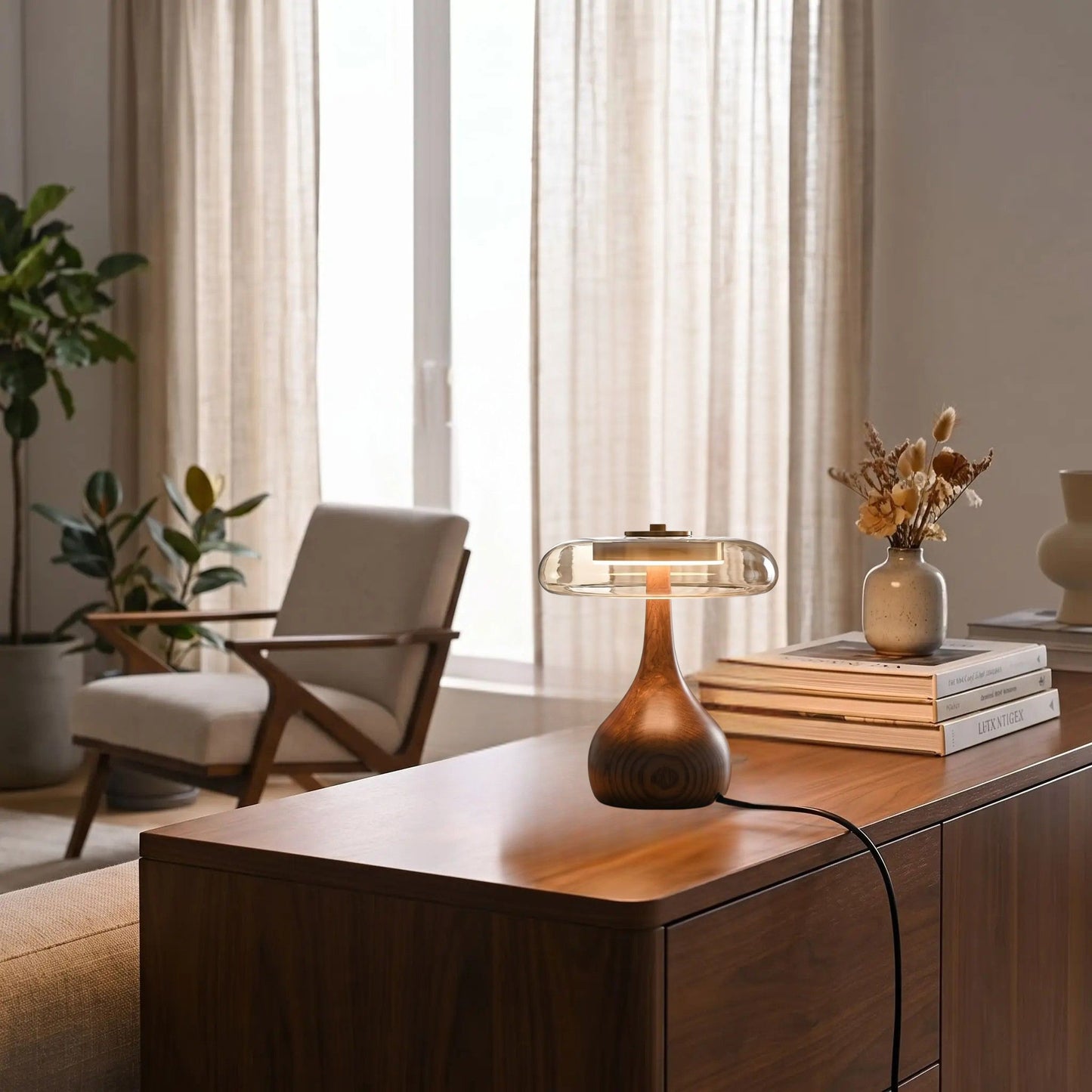 lampe a poser petite sejour avec livre retro bois ambre