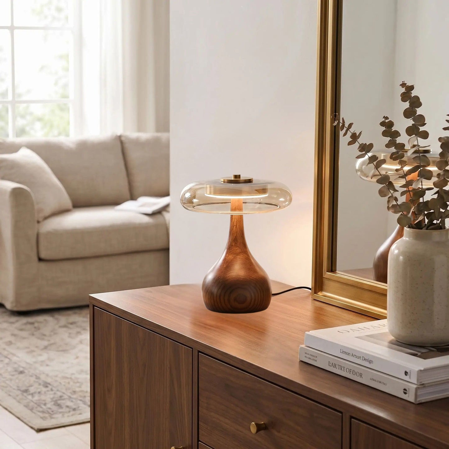lampe a poser petite sejour avec miroir retro bois ambre