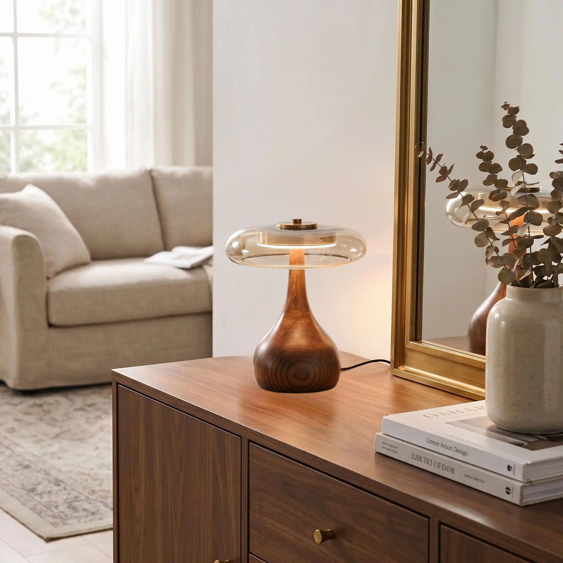 lampe a poser petite sejour avec miroir retro bois ambre