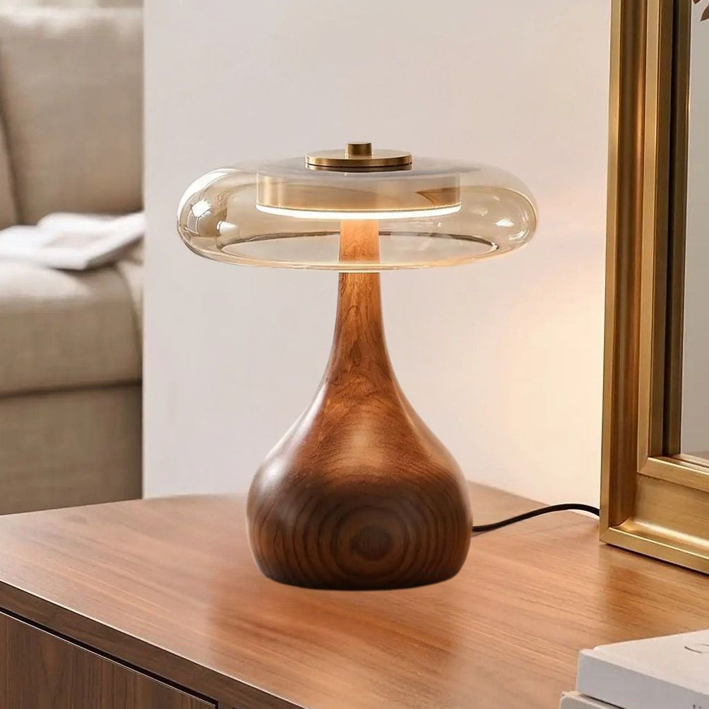 lampe a poser petite sejour avec miroir vu rapproche retro bois ambre