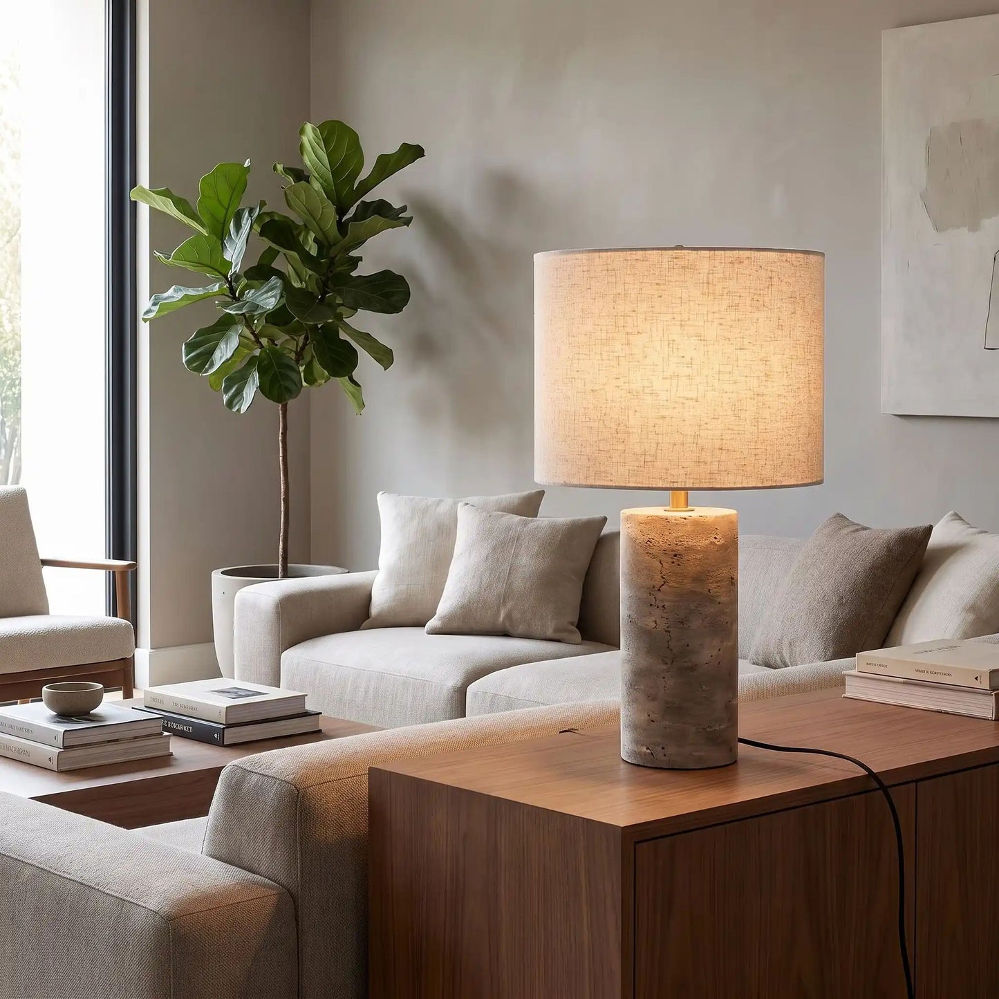 lampe à poser salon avec arbre roche de travertin naturelle