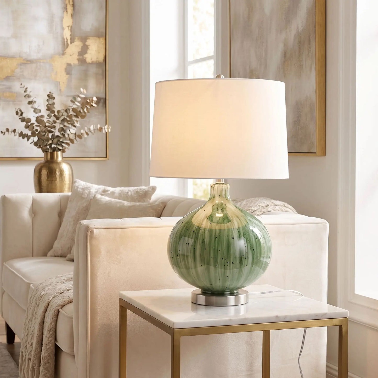 lampe à poser salon avec canape pumpkin green lava