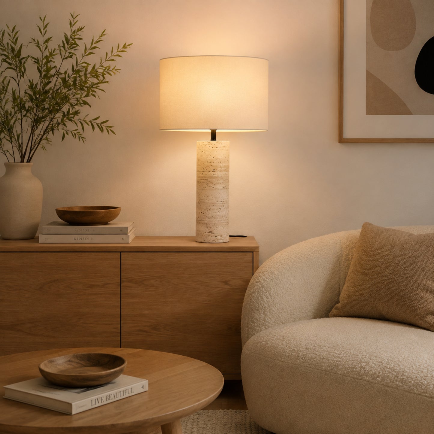lampe à poser salon avec fauteuil roche de travertin naturelle