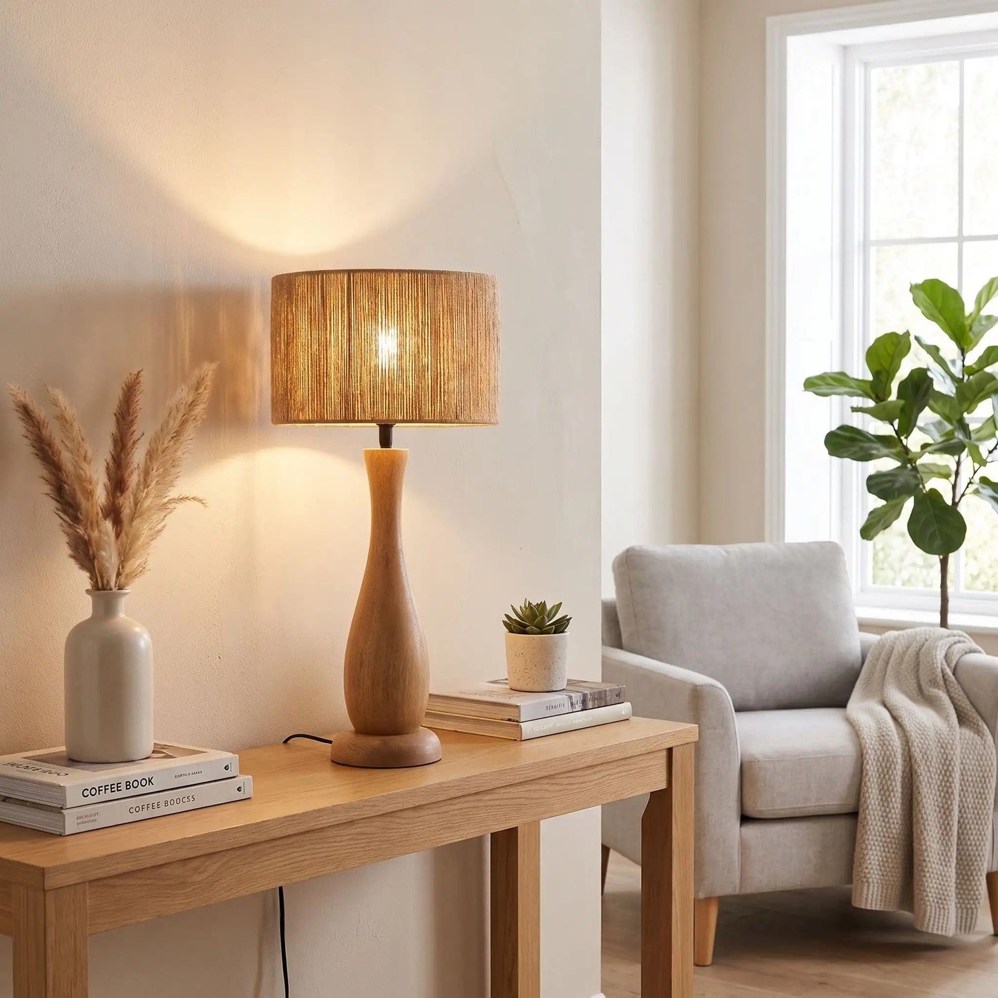 lampe à poser salon avec fauteuil scandinave bois massif et chanvre