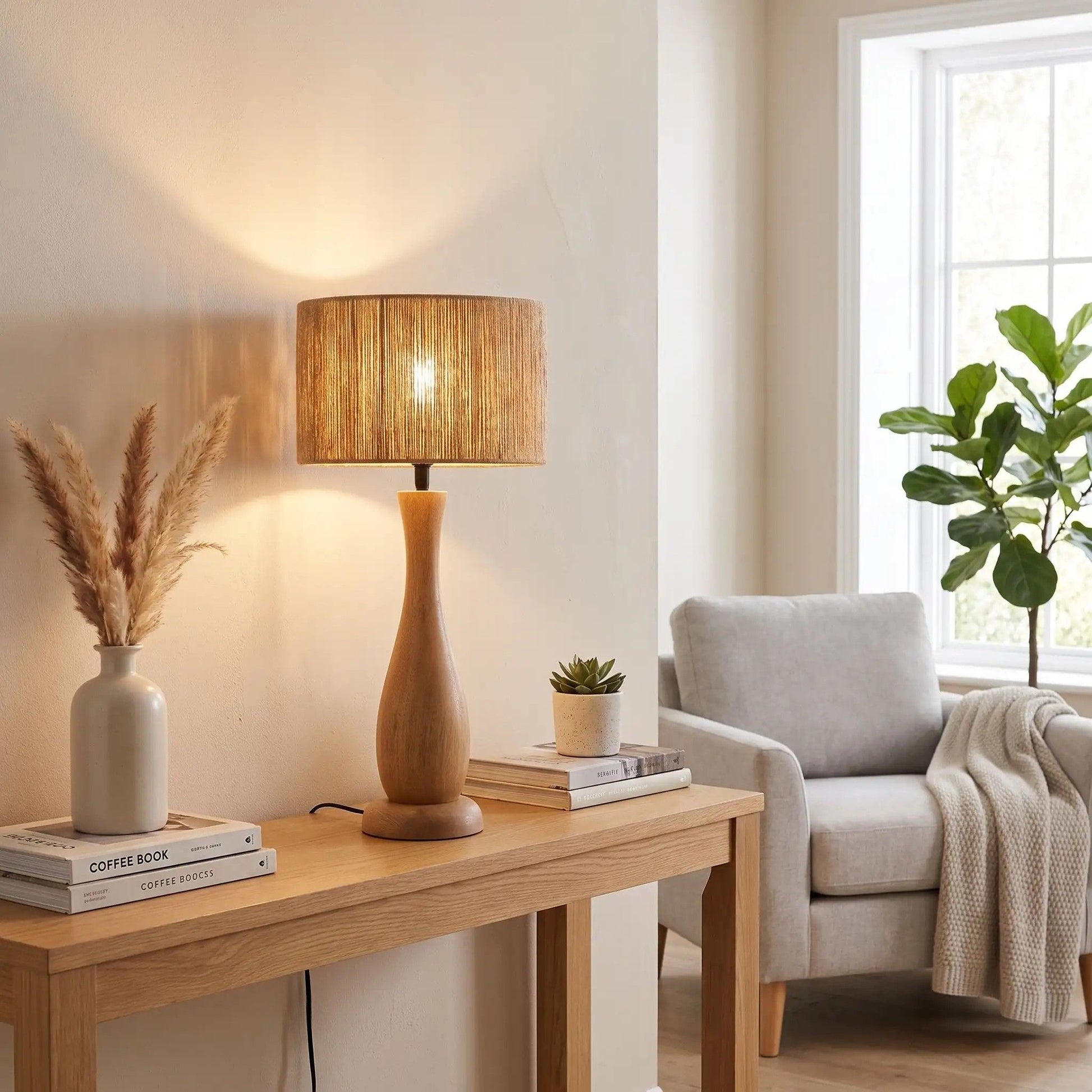 lampe à poser salon avec fauteuil scandinave bois massif et chanvre