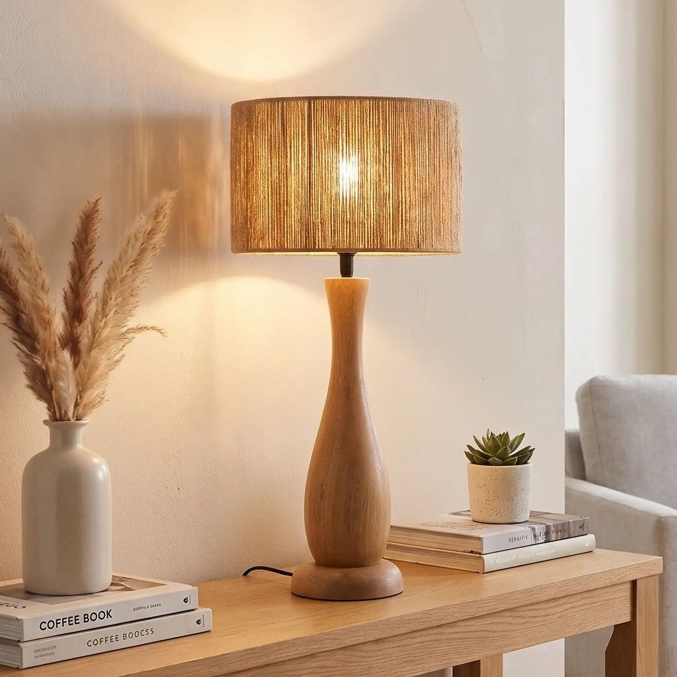 lampe à poser salon avec fauteuil vu rapproche scandinave bois massif et chanvre