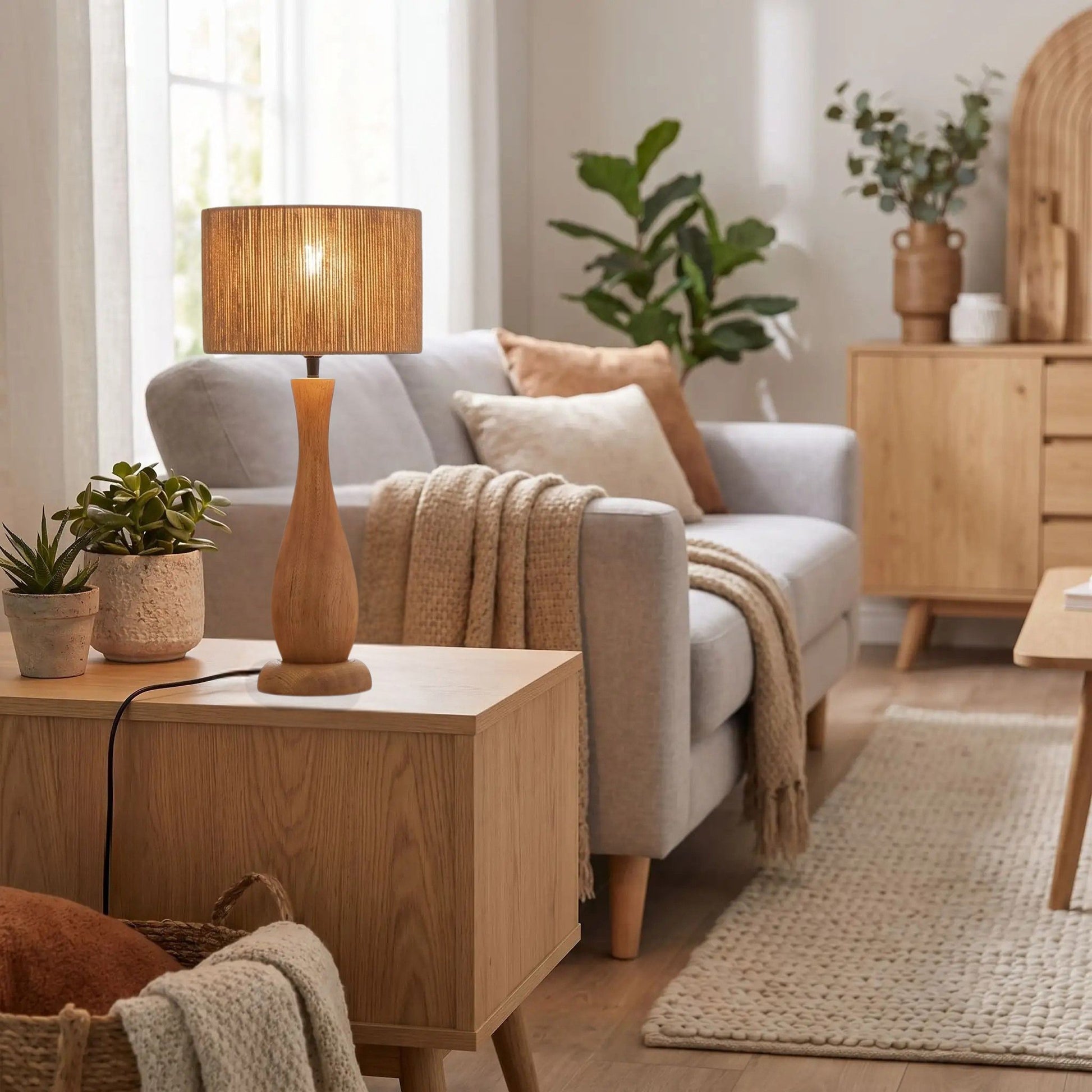 lampe à poser salon avec plante scandinave bois massif et chanvre