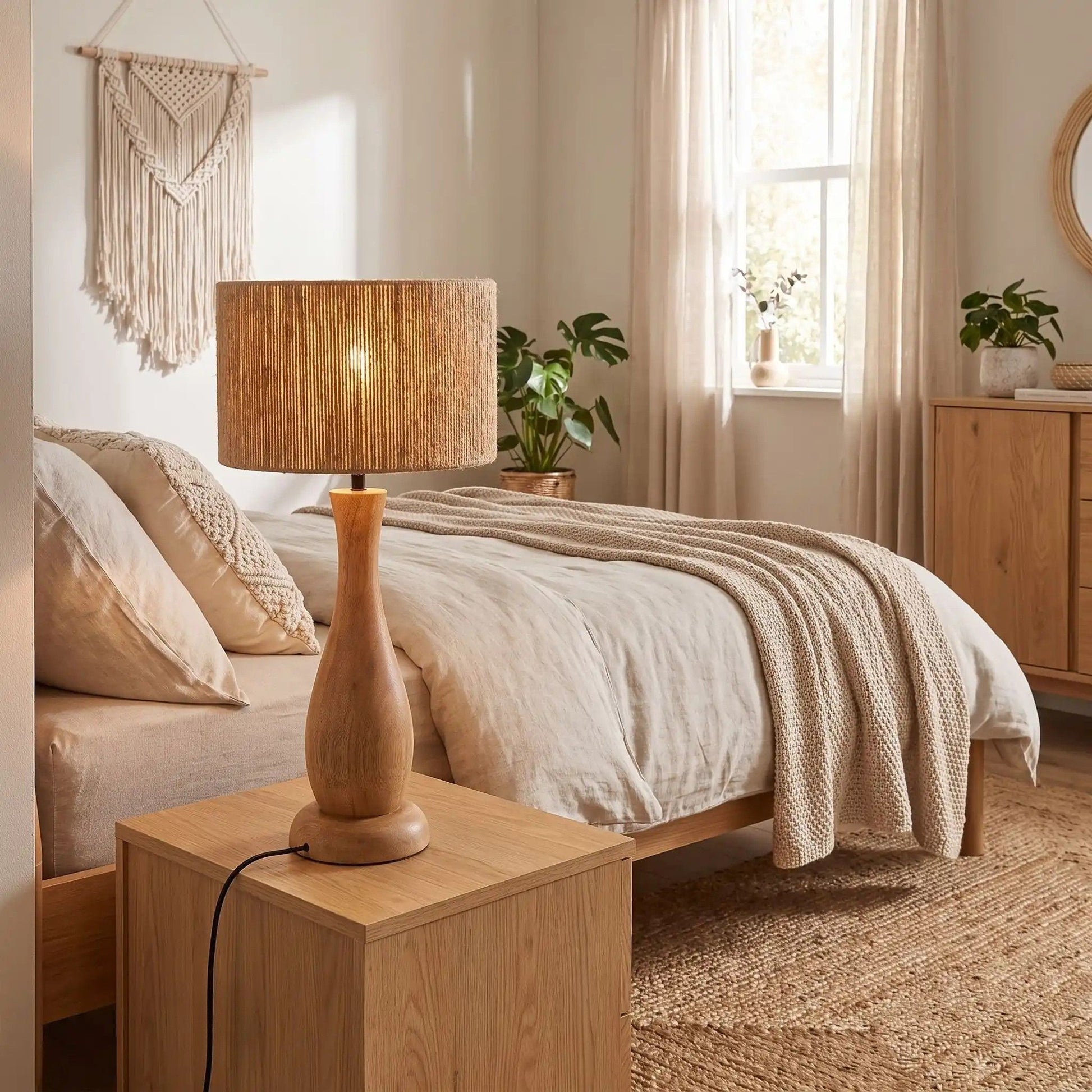 lampe à poser salon chambre scandinave bois massif et chanvre