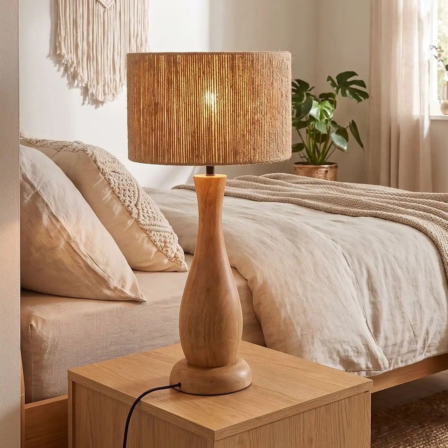 lampe à poser salon chambre vu rapproche scandinave bois massif et chanvre