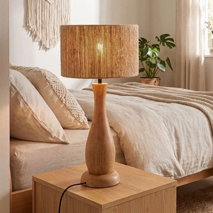 lampe à poser salon chambre vu rapproche scandinave bois massif et chanvre