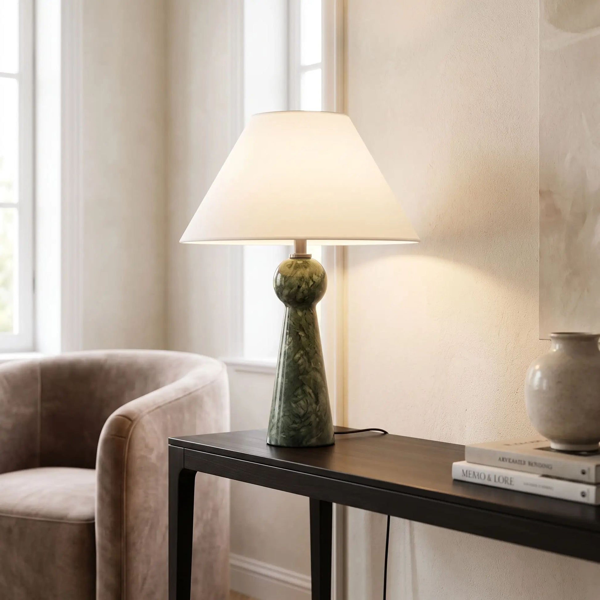 lampe à poser salon console sejour marbre vert sculpte