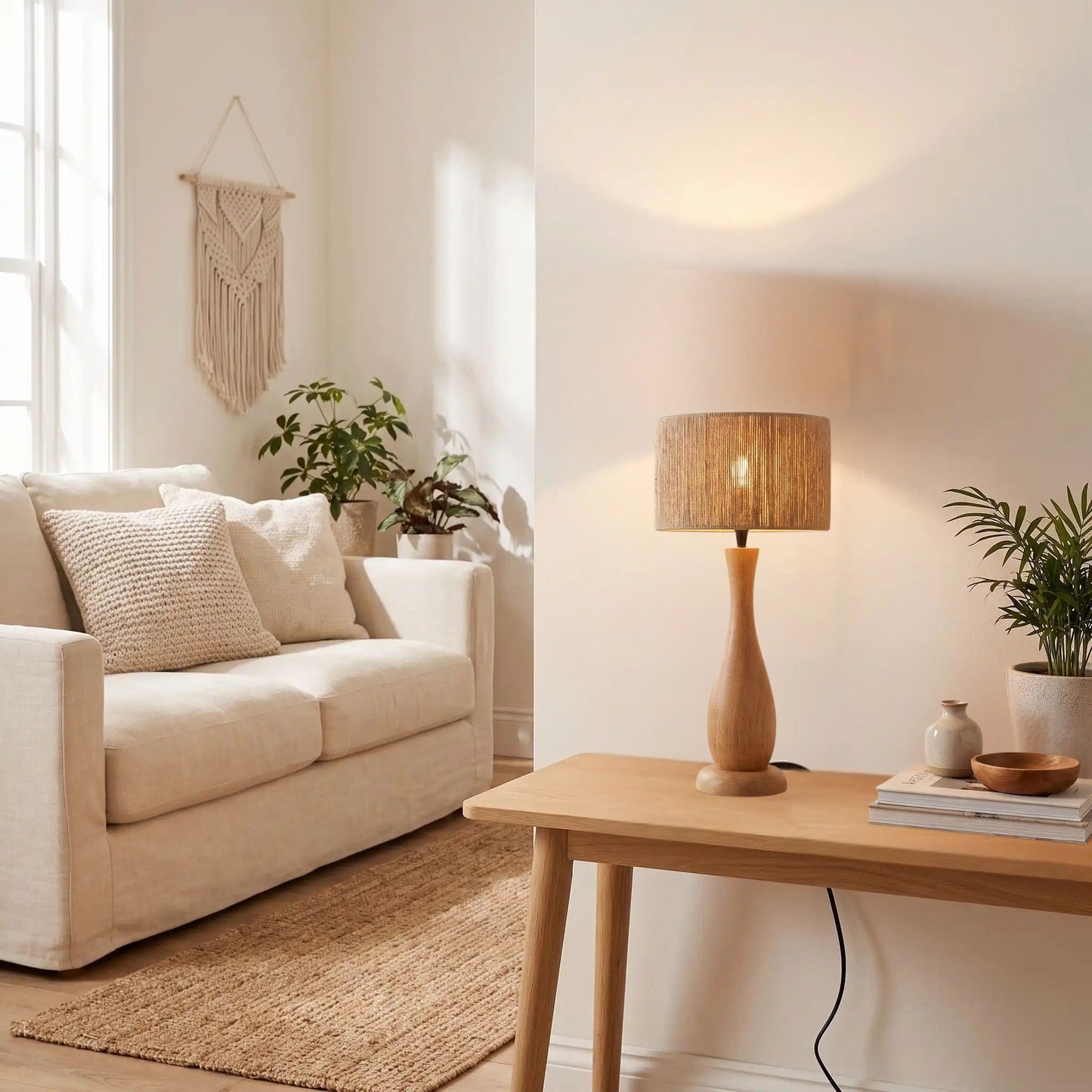 lampe a poser salon console sejour scandinave bois massif et chanvre
